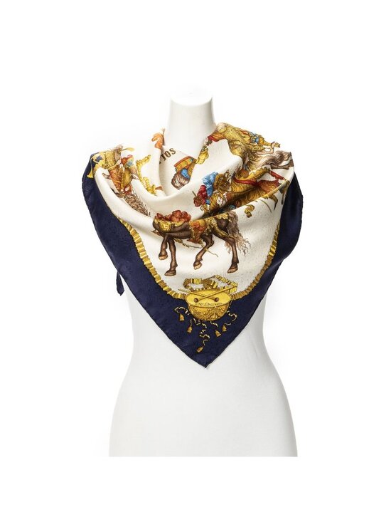 Hermes Accessories - Hermes Scarf Navy Beige 100% Gold Jacquard Silk